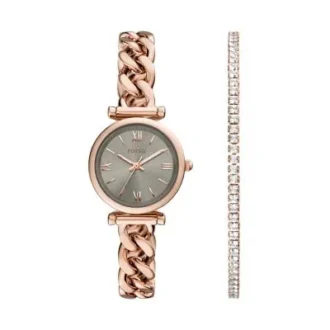 Conjunto de reloj y brazalete Carlie de acero inoxidable en tono oro rosa con tres agujas