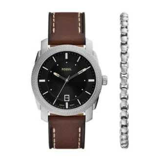 Conjunto de reloj y brazalete Machine de tres agujas con fecha y correa de piel marrón
