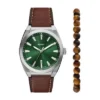Conjunto de reloj y pulsera Everett de tres agujas con fecha y correa de piel marrón