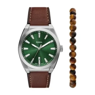Conjunto de reloj y pulsera Everett de tres agujas con fecha y correa de piel marrón