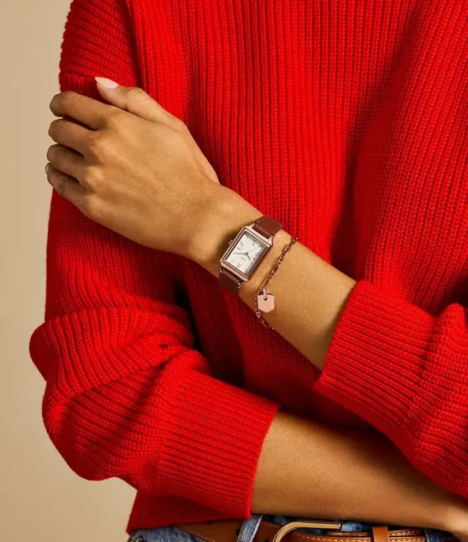 Conjunto de reloj y pulsera Raquel de tres agujas con fecha, de cuero marrón medio