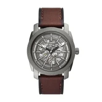 Reloj automático con correa de cuero marrón LiteHide™