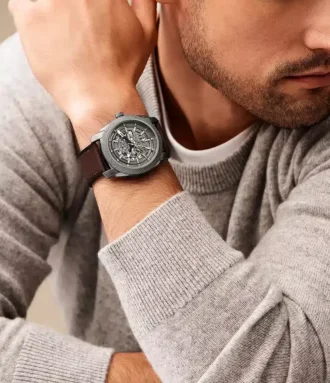 Reloj automático con correa de cuero marrón LiteHide™