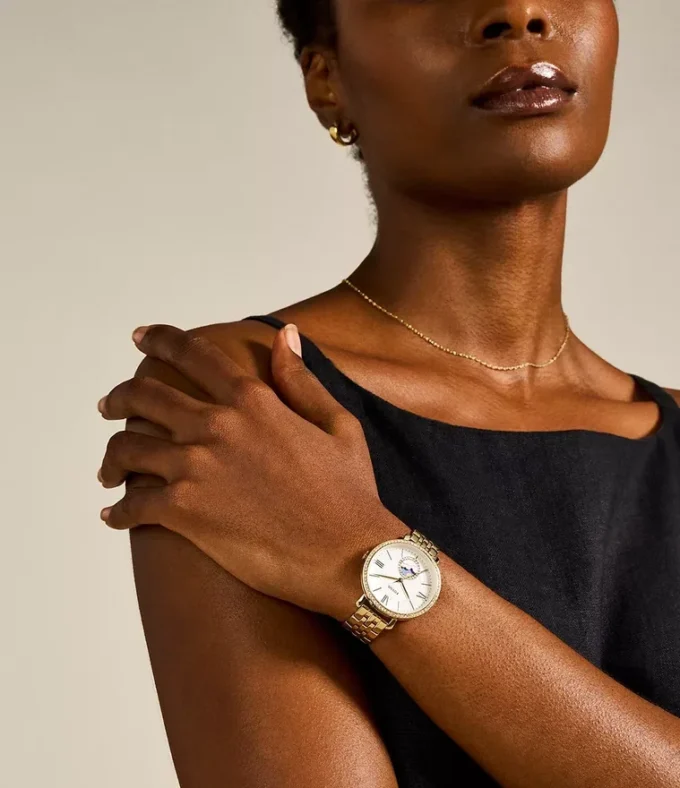 Reloj Jacqueline Sun Moon multifunción de acero inoxidable dorado