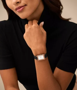 Reloj Raquel de tres agujas con fecha y correa de piel LiteHide™ negra